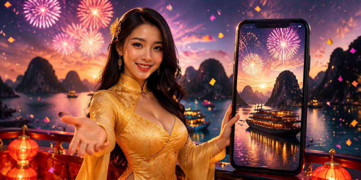 Người chơi nhận thưởng nạp tiền tại vịnh Hạ Long mặc áo dài truyền thống